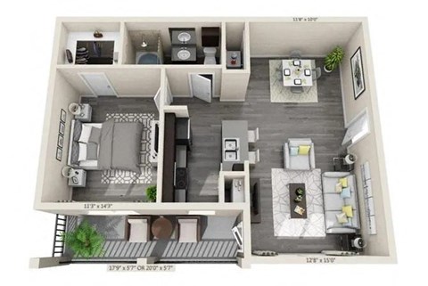 Floor plan for 1 bed, 1 bath, 726 sqft